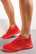 RED DIAMANTE DETAIL LACE UP TRAINERS SHOES