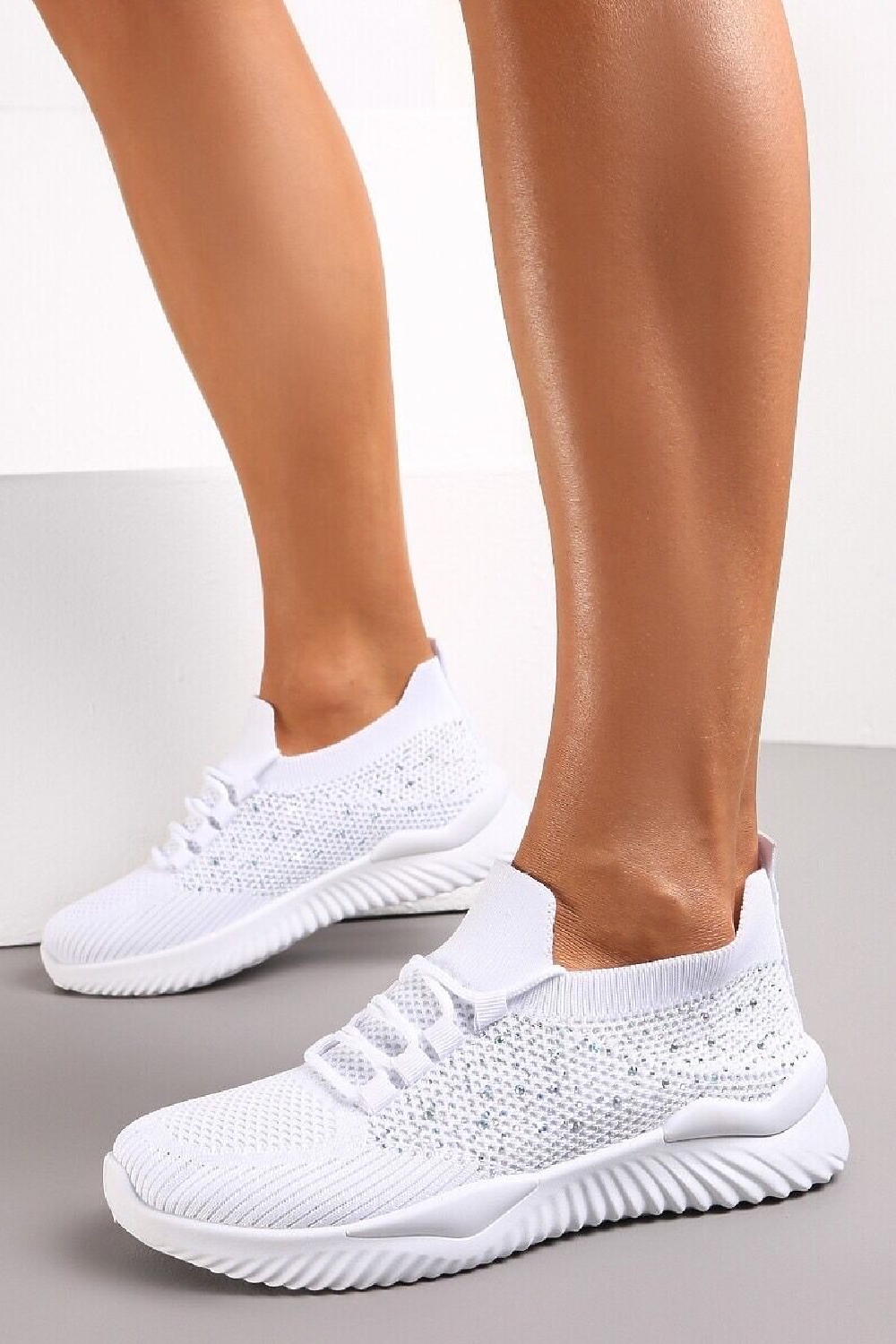 WHITE DIAMANTE DETAIL LACE UP TRAINERS SHOES
