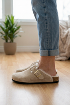 Women's Fleece Lined Beige Suede Clog Slippers with Adjustable Gold Buckle (Copy)