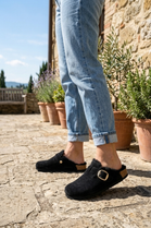 Women's Fleece Lined Black Suede Clog Slippers with Adjustable Gold Buckle