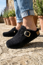 Women's Fleece Lined Black Suede Clog Slippers with Adjustable Gold Buckle