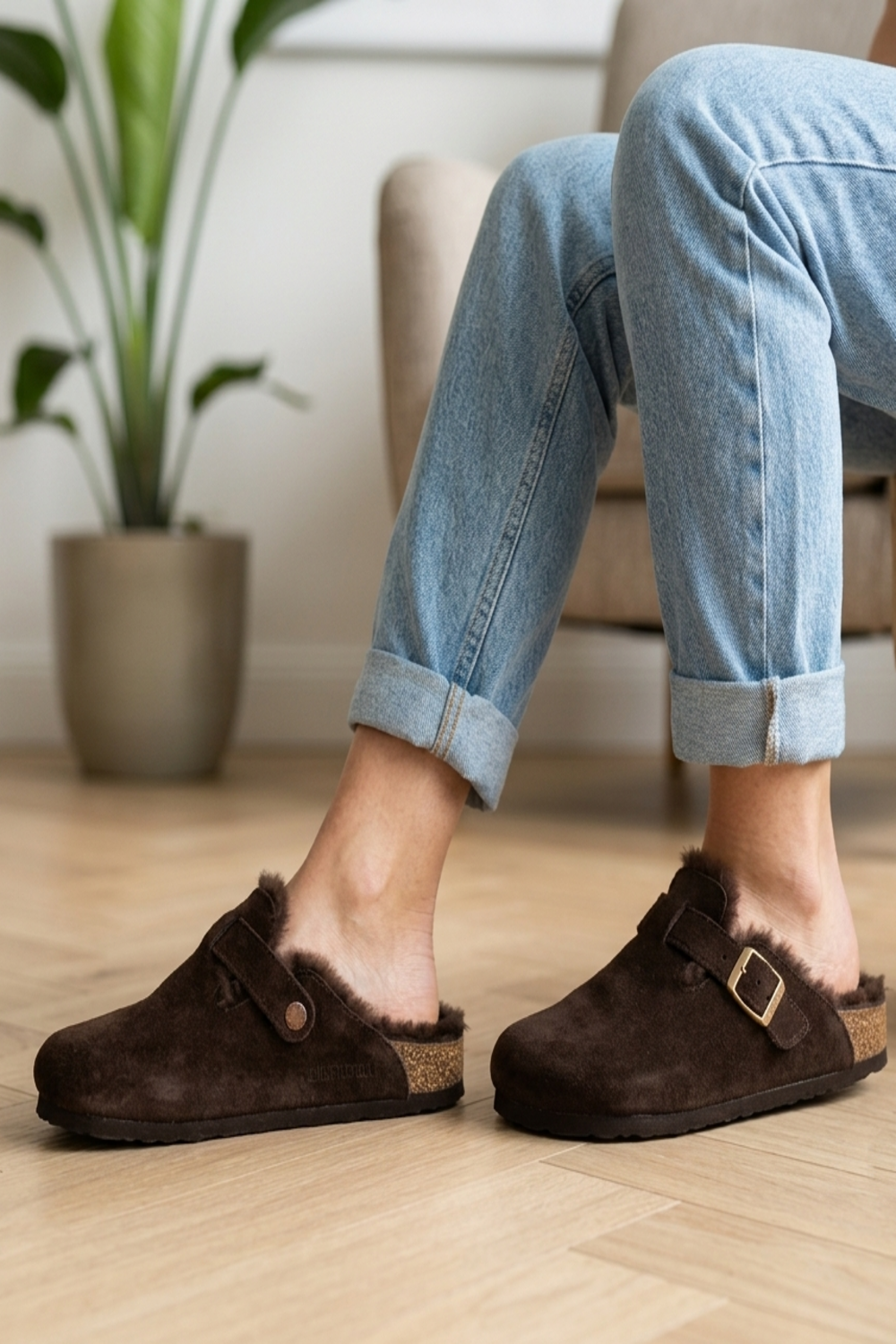 Women's Fleece Lined Brown Suede Clog Slippers with Adjustable Gold Buckle