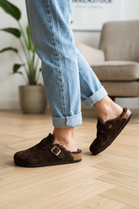 Women's Fleece Lined Brown Suede Clog Slippers with Adjustable Gold Buckle