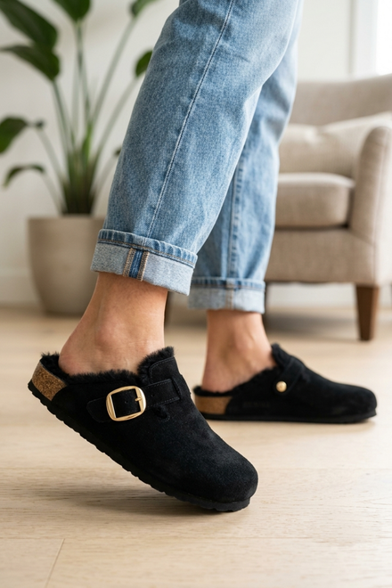 Women's Fleece Lined Black Suede Clog Slippers with Adjustable Gold Buckle