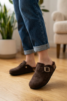 Women's Fleece Lined Brown Suede Clog Slippers with Adjustable Gold Buckle