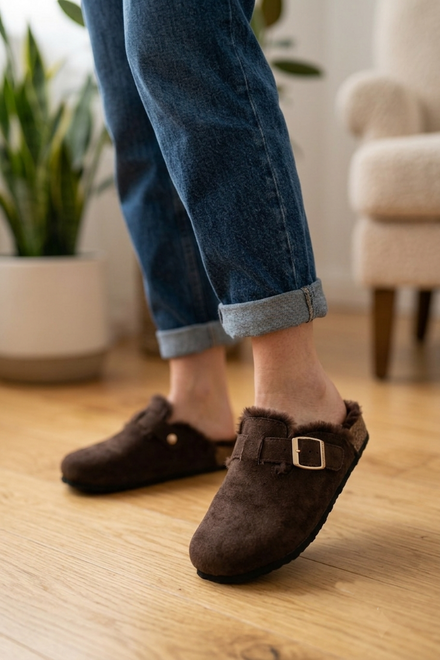 Women's Fleece Lined Brown Suede Clog Slippers with Adjustable Gold Buckle