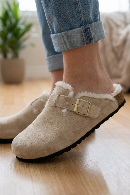 Women's Fleece Lined Beige Suede Clog Slippers with Adjustable Gold Buckle (Copy)
