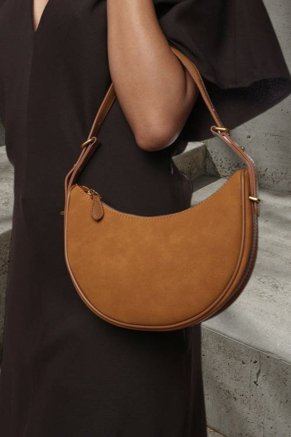 Wholesale Premium Cognac Suede Bag - Adjustable Half-Moon Shoulder & Crossbody
