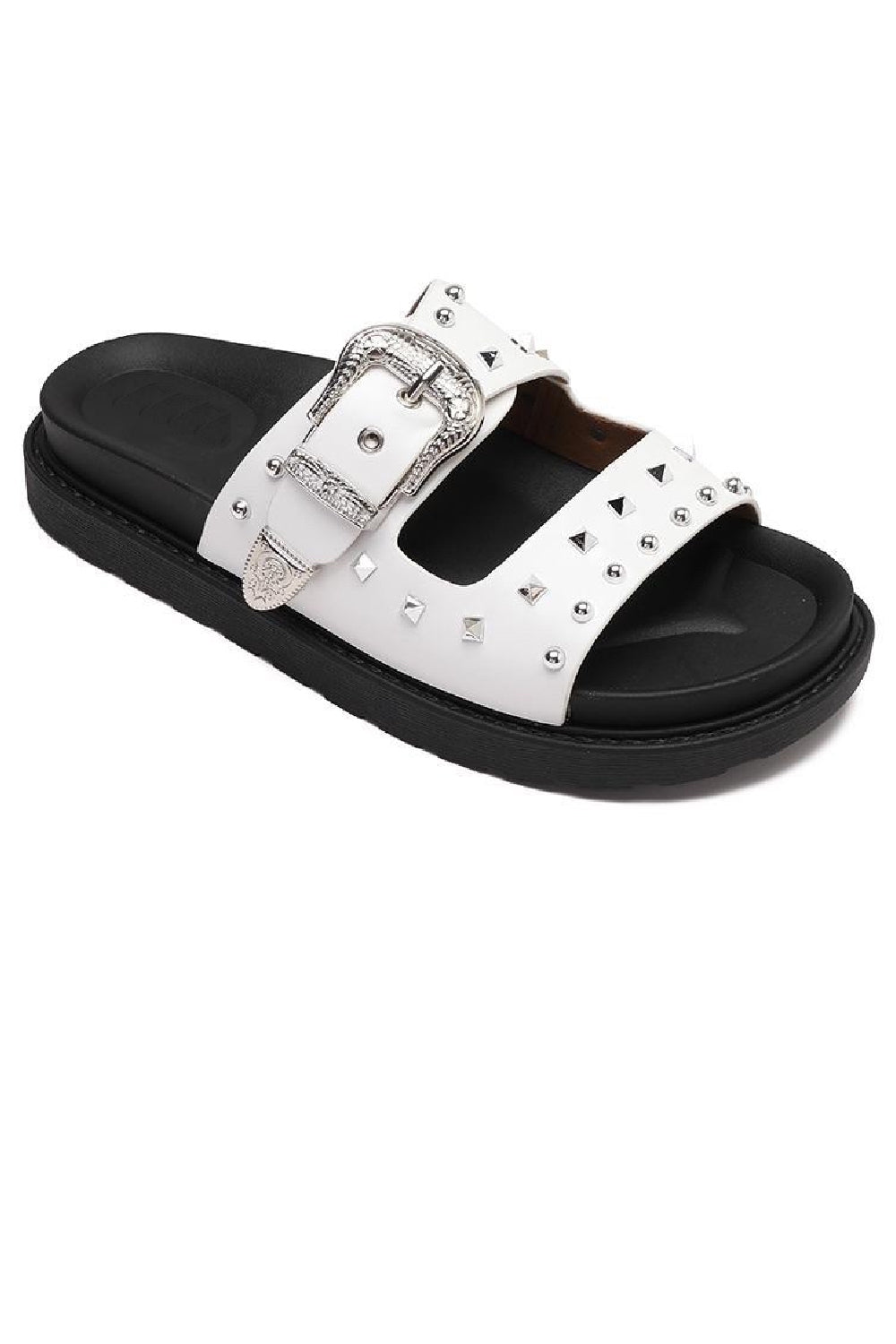 WHITE WESTERN BUCKLE STUDDED SLIDERS FLAT SANDALS
