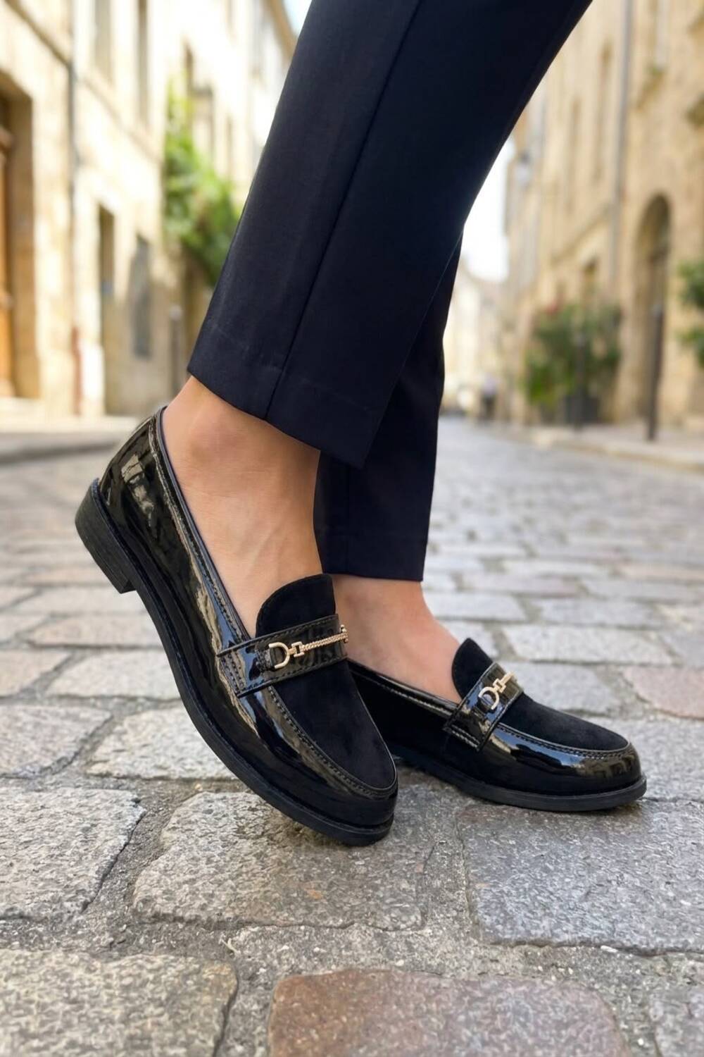 Women's Black Patent & Suede Combination Horsebit Loafers