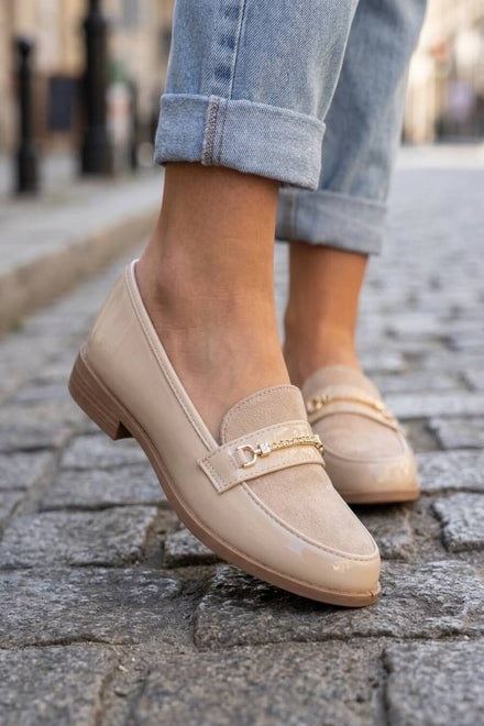 Women's Beige Patent & Suede Combination Horsebit Loafers