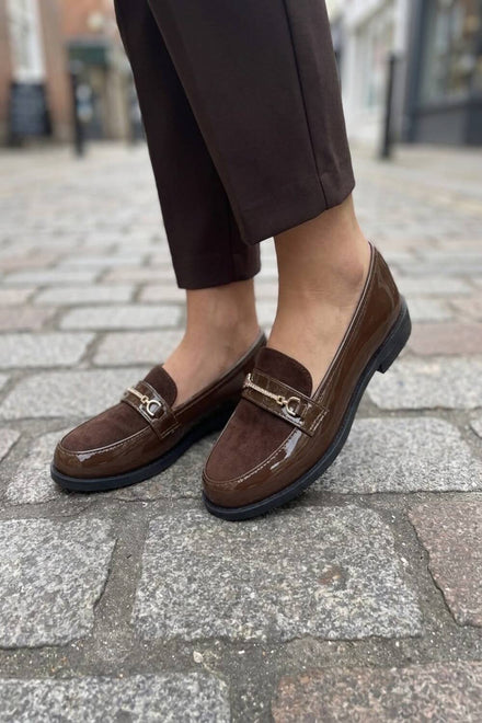 Women's Brown Patent & Suede Combination Horsebit Loafers