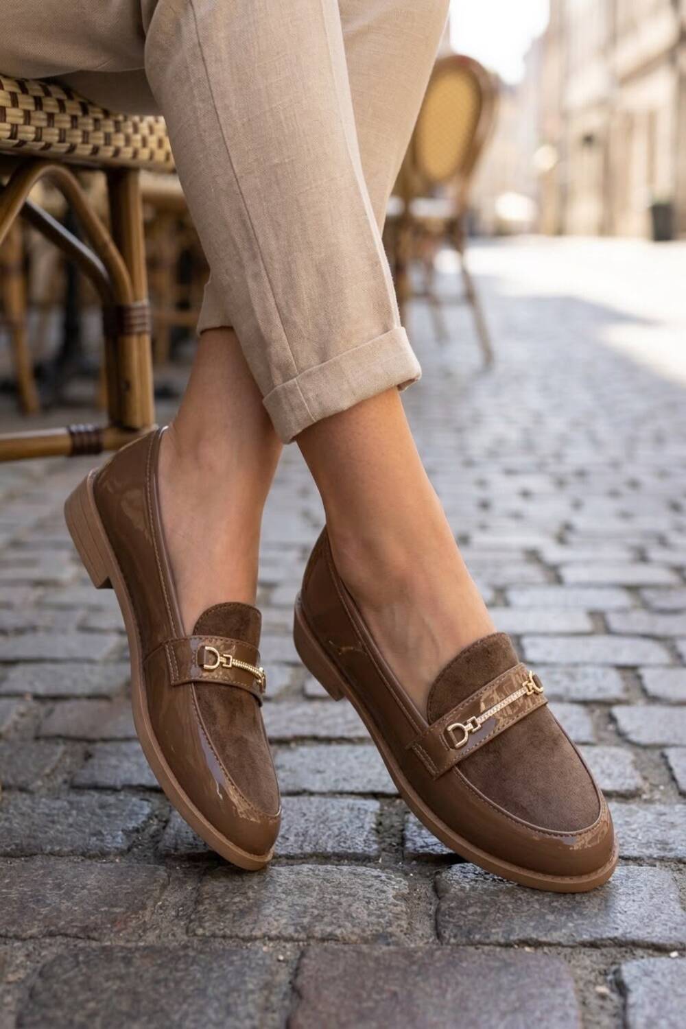 Women's Khaki Patent & Suede Combination Horsebit Loafers