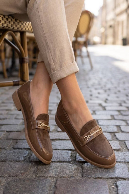 Women's Khaki Patent & Suede Combination Horsebit Loafers