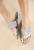 Silver Embellished Band Sparkly Toe Post Flat Slider Sandals