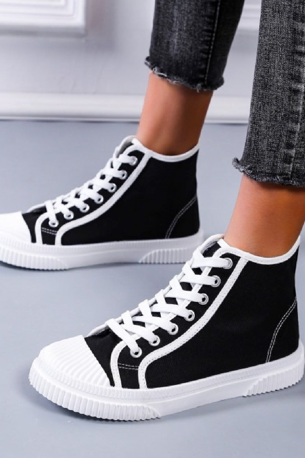 BLACK LACE UP FLAT HIGH TOP TRAINERS