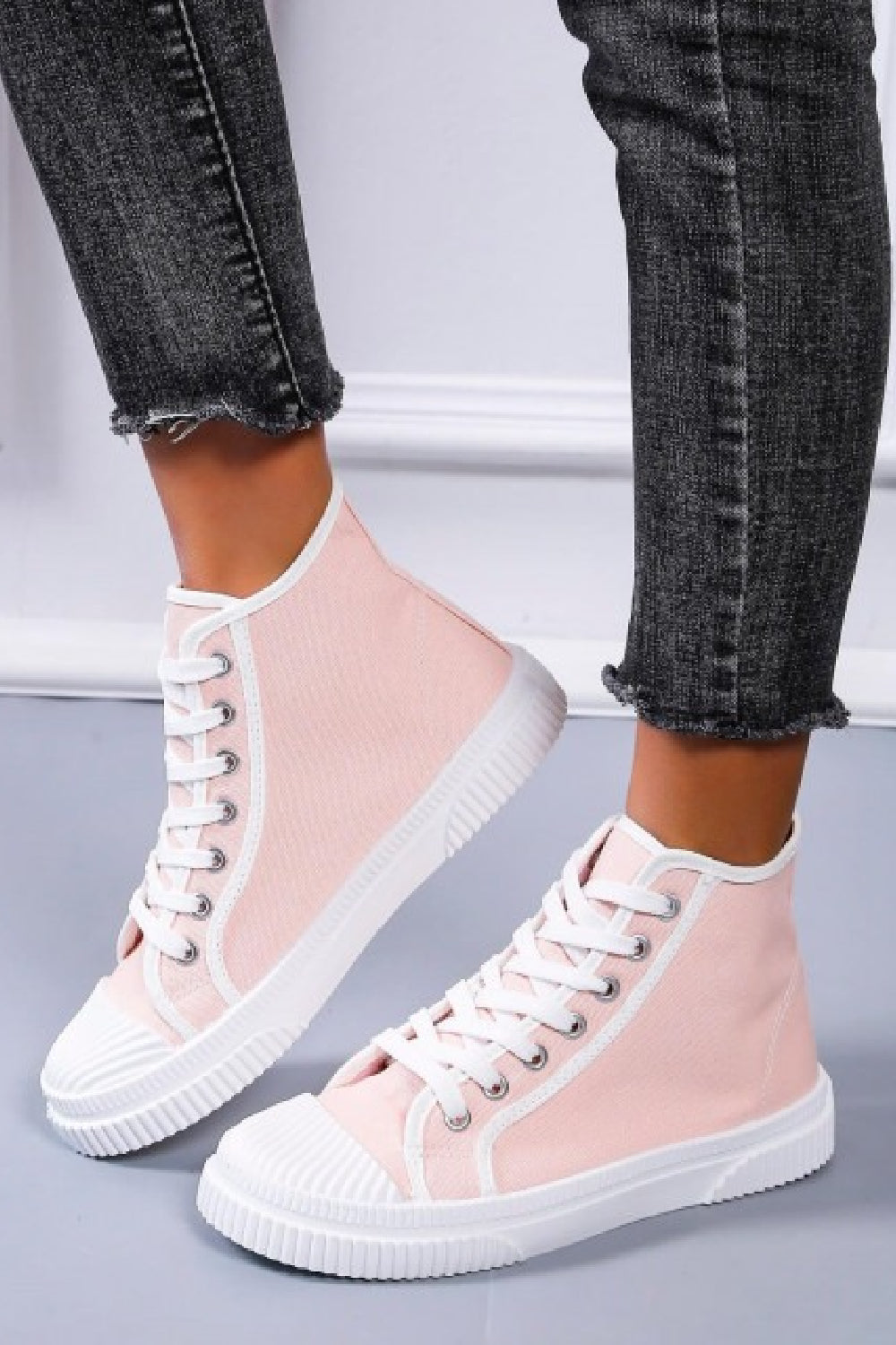 PINK LACE UP FLAT HIGH TOP TRAINERS