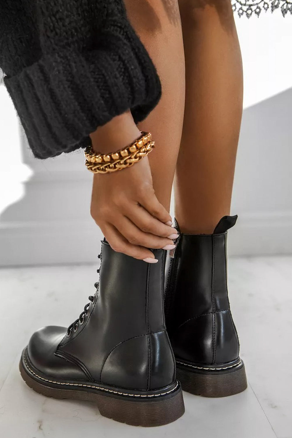 Black Pu Chunky Ankle Boots