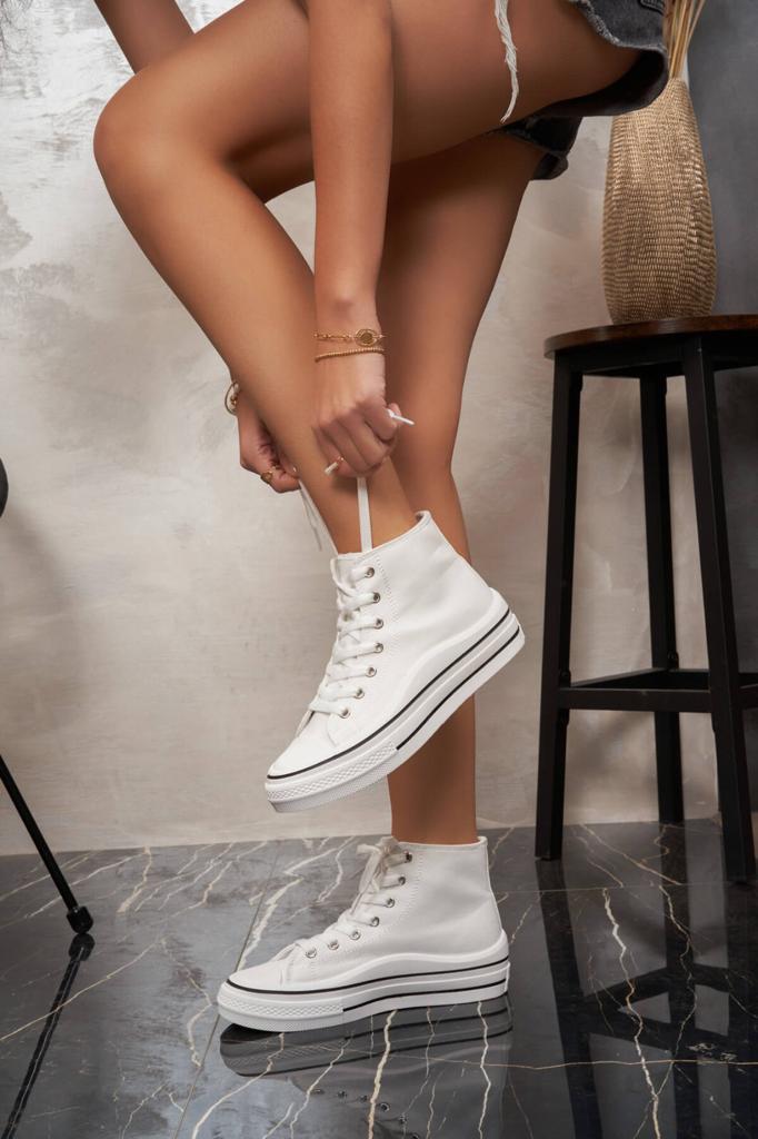 WHITE LACE UP CANVAS TRAINERS HI TOP SHOES