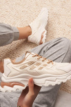 BEIGE LACE UP FLAT SIDE DETAIL TRAINERS