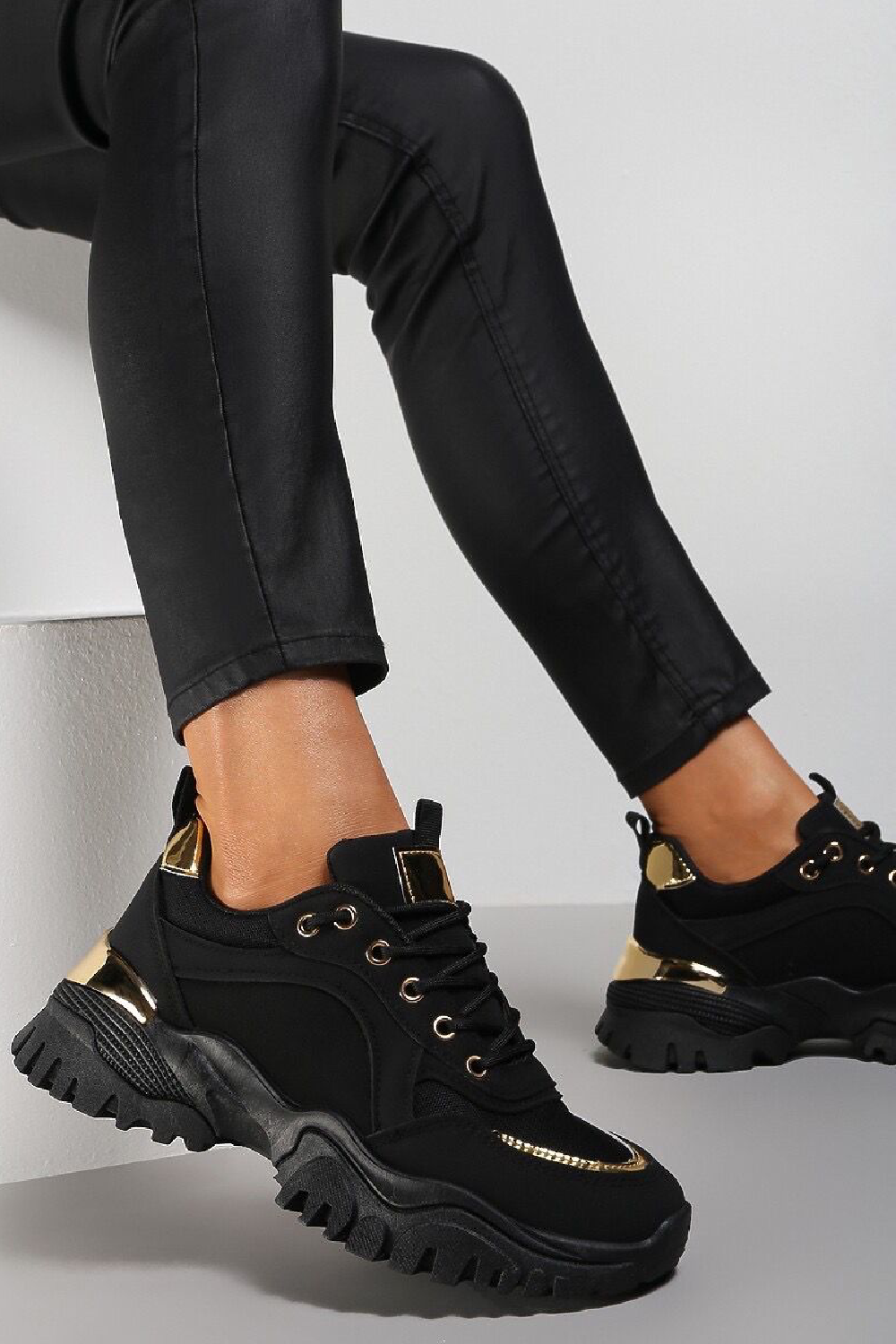 BLACK LACE UP GOLD CLIP HEEL TRAINERS SHOES
