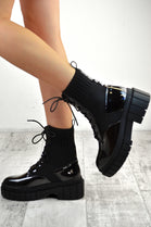 Black Patent Knitted Panel Cleated Platform Ankle Boots