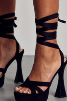 Black Suede Flared Block High Heels With Lace-up Detail