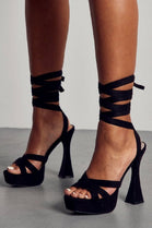 Black Suede Flared Block High Heels With Lace-up Detail