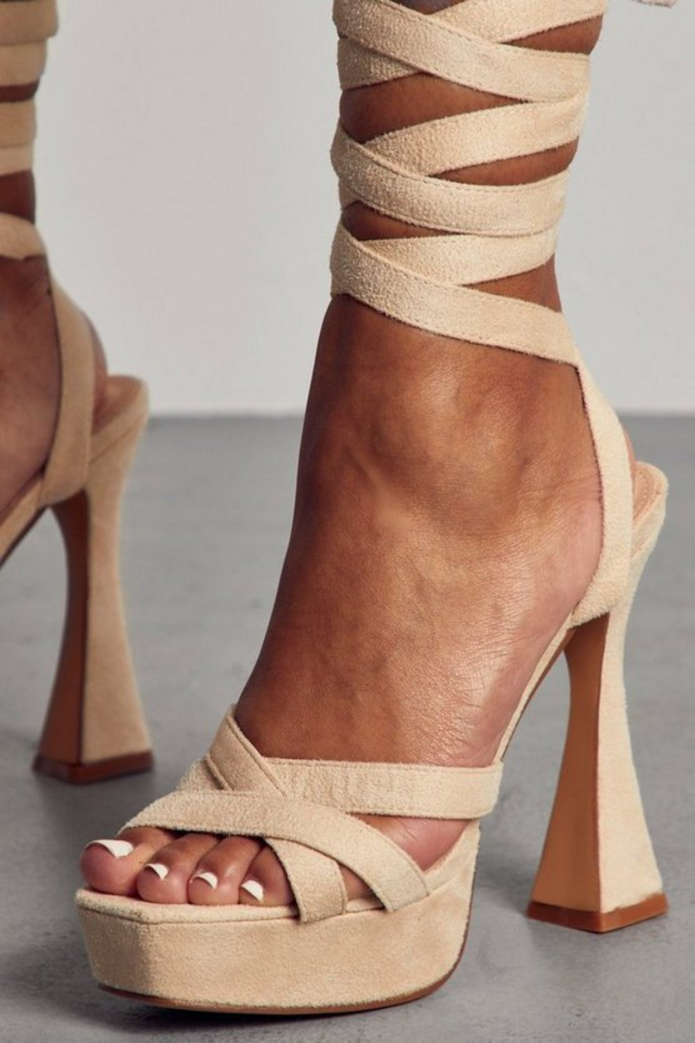 Light Cream Suede Flared Block High Heels With Lace-up Detail