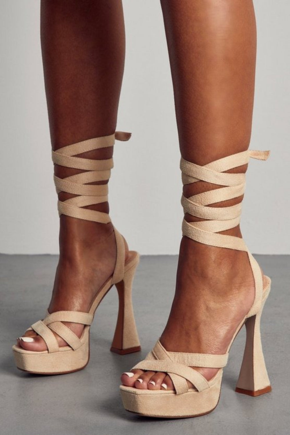 Light Cream Suede Flared Block High Heels With Lace-up Detail