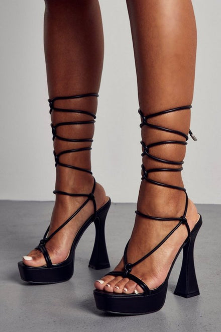 BLACK PU PLATFORM HIGH HEEL WITH KNOTTED LACE UP DETAIL