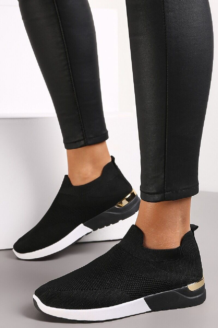 BLACK SLIP ON GOLD CLIP HEEL DETAIL TRAINERS SHOES