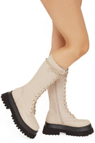 NUDE CHUNKY PLATFORM CALF BOOT WITH LACE UP FRONT