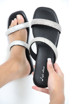 Black Double Strap Embellished Sparkly Flat Slider Sandals