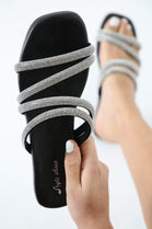 Black Cross Embellished Sparkly Flat Slider Sandals