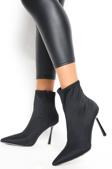 Black LYCRA Zip Up High Heel Ankle Boots With Pointed Toe