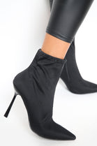 Black LYCRA Zip Up High Heel Ankle Boots With Pointed Toe