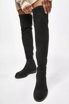 Black Stretch Faux Suede Over The Knee Flat Boots