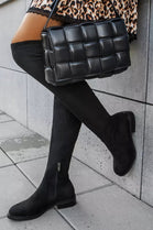 Black Stretch Faux Suede Over The Knee Flat Boots