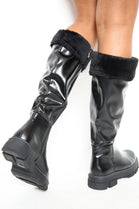 Black Chunky Fur Collar Calf High Boots With Side Zip