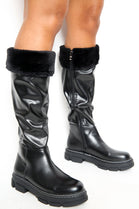 Black Chunky Fur Collar Calf High Boots With Side Zip
