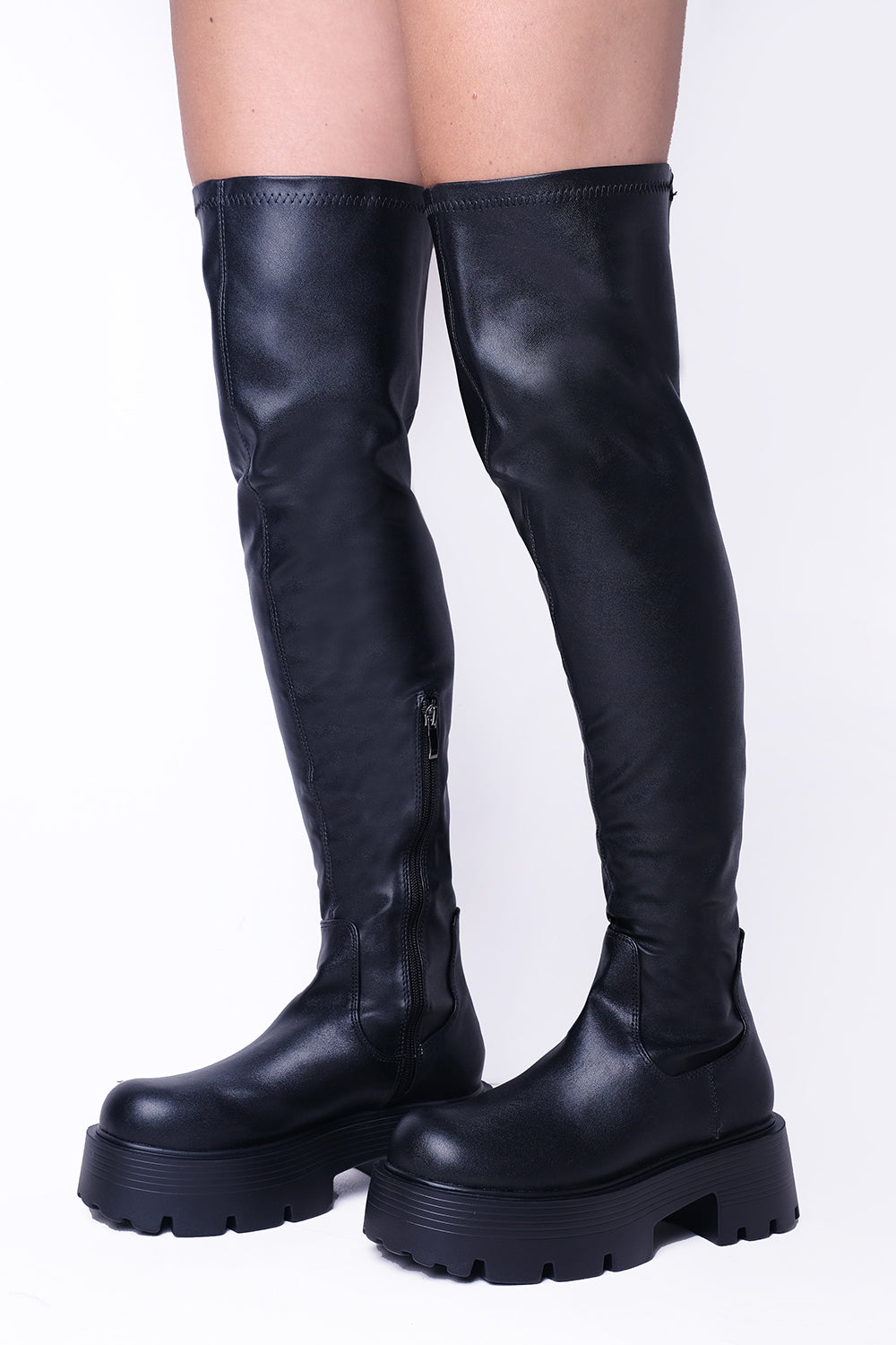 Black PU Chunky Chelsea Calf High Boots With Side Zip
