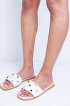 White Padded Strap Sliders With Stud Details