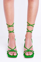 Green Square Toe Block Heels With Tie Leg