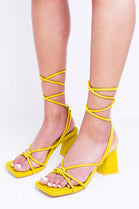 Yellow Square Toe Block Heels With Tie Leg