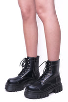 Black PU Chunky Cleated Sole Military Boots With Lace Up