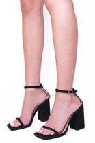 Black Suede Block High Heel Sandal with Square Toe & Ankle Strap