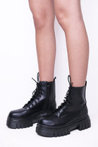 Black Chunky Platform Ankle Boots With Front Lace Up