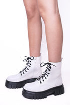 White Chunky Platform Ankle Boots With Front Lace Up