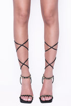 Black PU Studded High Heel Sandals With Square Toe & Tie Leg
